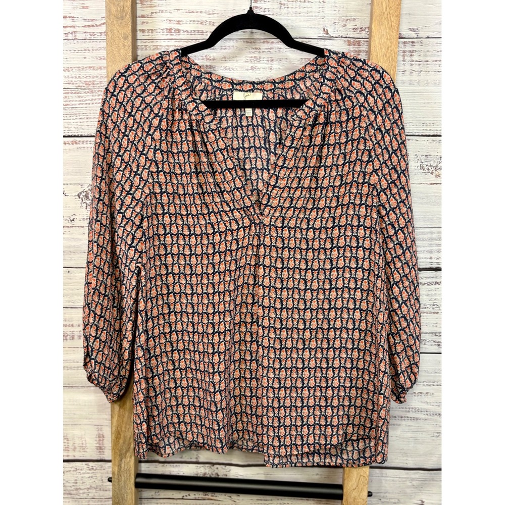 Joie 100% Silk V-Neck Blouse Navy Blue Coral Floral Print 3/4 Sleeve Top Small